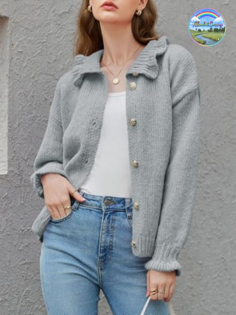 Oversized Ribbed Knit Ruffle Button Up Cardigan Loose Fit Long Sleeve - Picture 2 of 6
